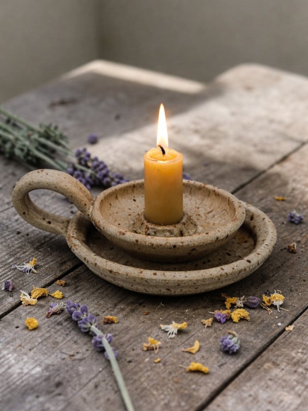 Signed Studio Pottery Candle Holder Dish Rustic Speckled Ceramic Chamberstick